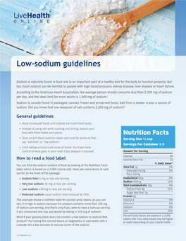 Low Sodium.” Servings Per Container 3.5 •• Limit Eating out and Cook More at Home