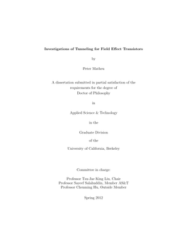 Investigations of Tunneling for Field Effect Transistors