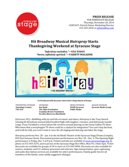 Hit Broadway Musical Hairspray Starts Thanksgiving Weekend at Syracuse Stage