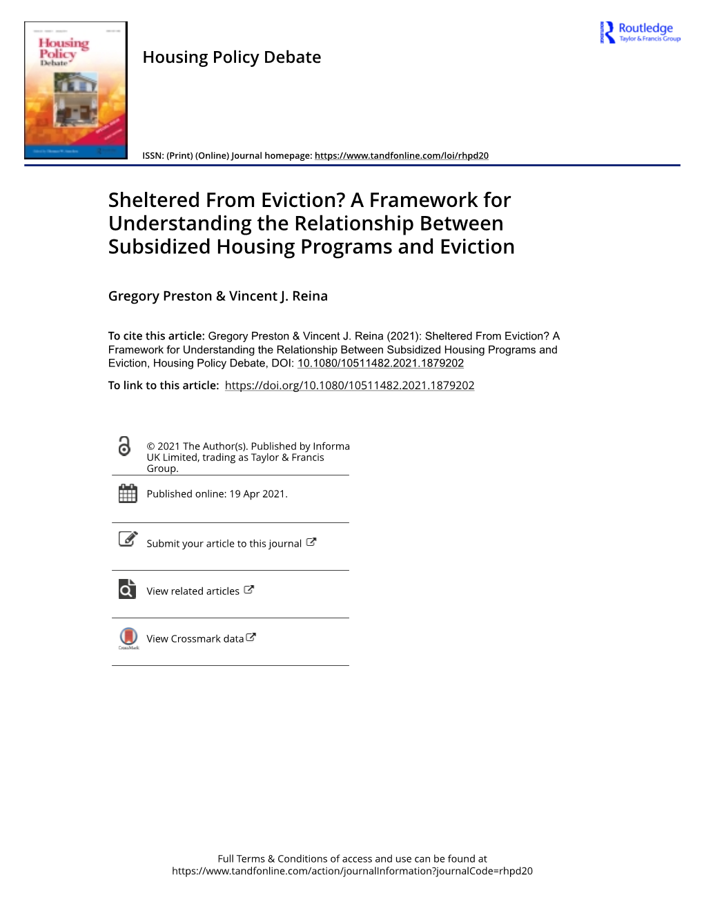 Sheltered from Eviction? a Framework for Understanding the Relationship Between Subsidized Housing Programs and Eviction