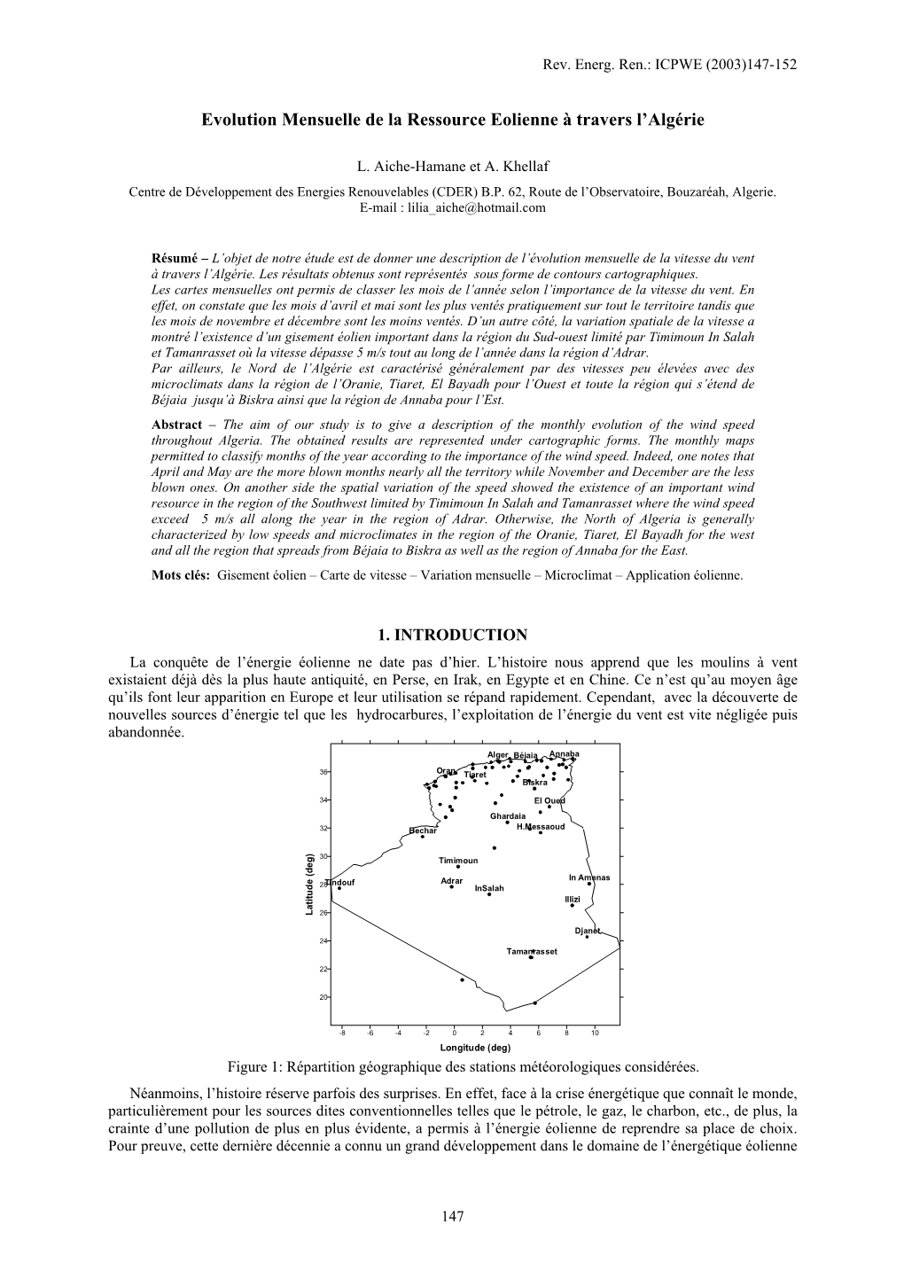 Evolution Mensuelle De La Ressource Eolienne À Travers L'algérie