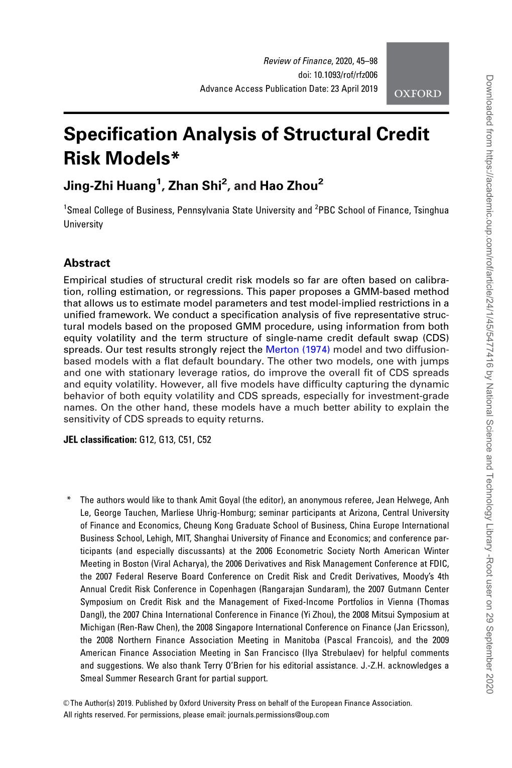 Specification Analysis of Structural Credit Risk Models* Jing-Zhi Huang1, Zhan Shi2, and Hao Zhou2