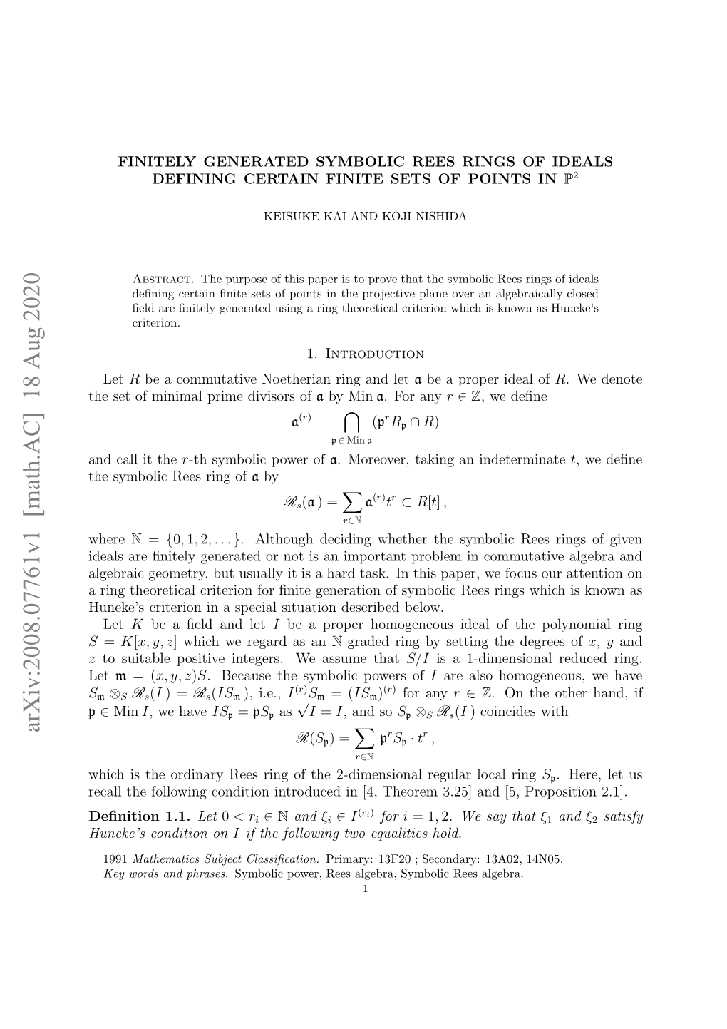 Arxiv:2008.07761V1 [Math.AC]