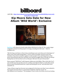 Kip Moore Sets Date for New Album 'Wild World': Exclusive