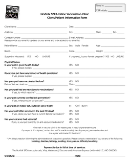 Norfolk SPCA Feline Vaccination Clinic Client/Patient Information Form