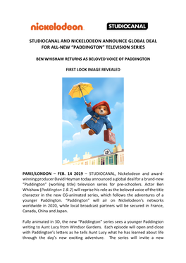 Studiocanal and Nickelodeon Announce Global Deal for All-New “Paddington” Television Series