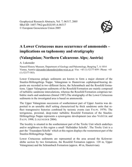 A Lower Cretaceous Mass Occurrence of Ammonoids – Implications on Taphonomy and Stratigraphy (Valanginian; Northern Calcareous Alps; Austria) A