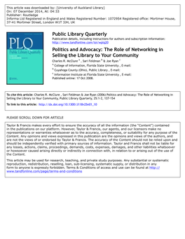 Politics and Advocacy: the Role of Networking in Selling the Library to Your Community Charles R