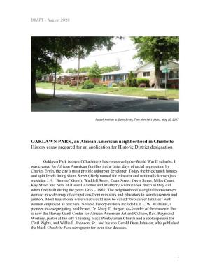 OAKLAWN PARK, an African American Neighborhood in Charlotte History Essay Prepared for an Application for Historic District Designation