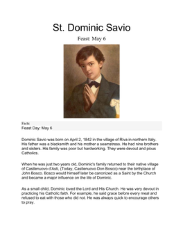 St. Dominic Savio Feast: May 6