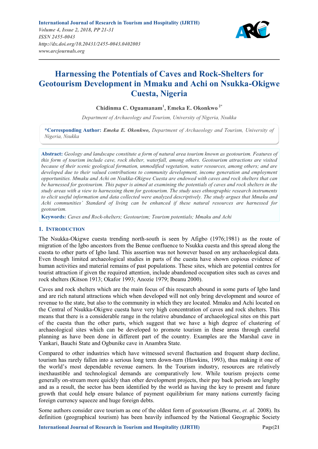 Harnessing the Potentials of Caves and Rock-Shelters for Geotourism Development in Mmaku and Achi on Nsukka-Okigwe Cuesta, Nigeria