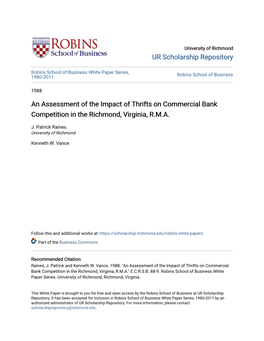 An Assessment of the Impact of Thrifts on Commercial Bank Competition in the Richmond, Virginia, R.M.A