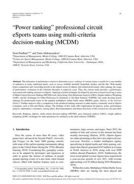 Power Ranking” Professional Circuit Esports Teams Using Multi-Criteria Decision-Making (MCDM)