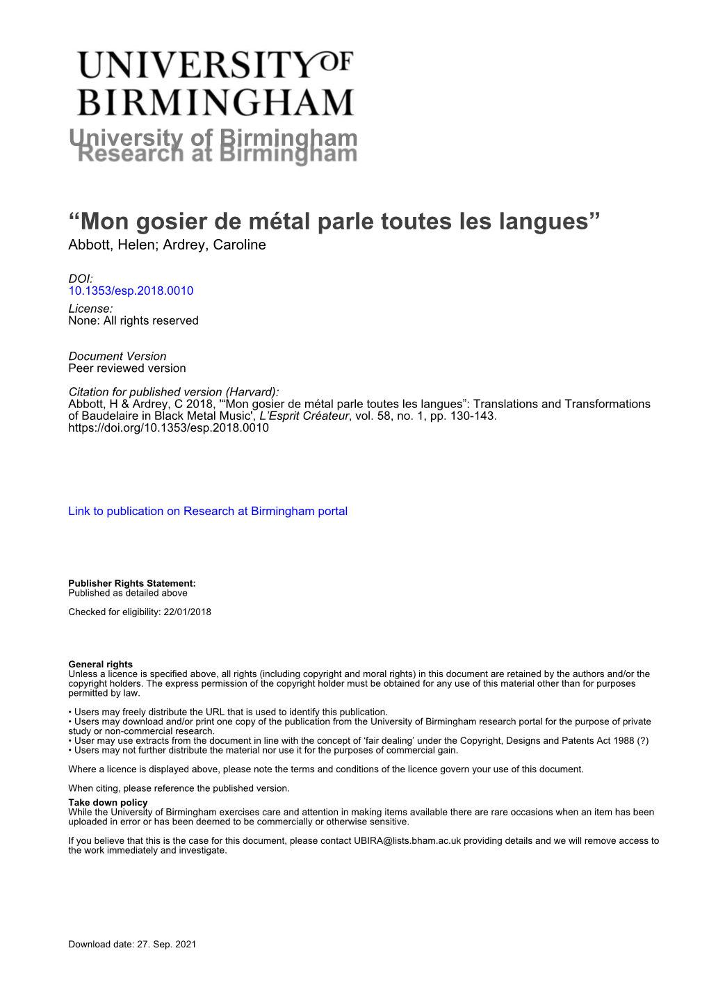 Mon Gosier De Métal Parle Toutes Les Langues” Abbott, Helen; Ardrey, Caroline