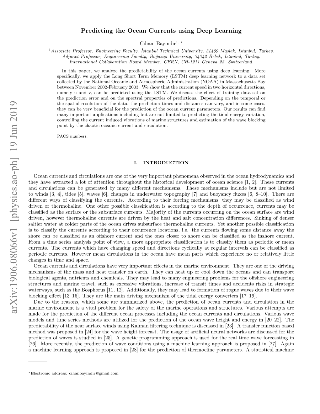 Arxiv:1906.08066V1 [Physics.Ao-Ph] 19 Jun 2019 Made for the Prediction of the Diﬀerent Ocean Processes Including the Ocean Currents and Circulations