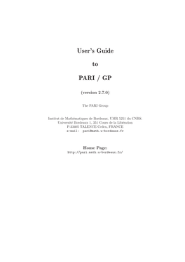 User's Guide to Pari/GP