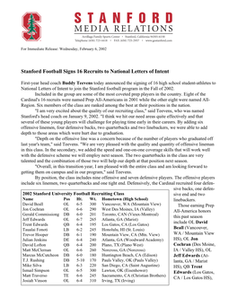 Stanford Football Signs 16 Recruits to National Letters of Intent