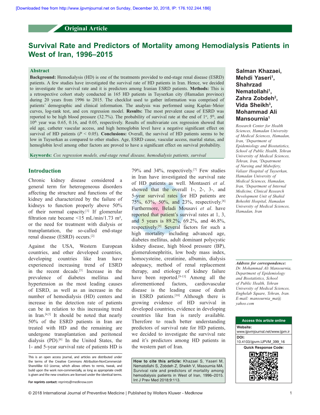 Survival Rate and Predictors of Mortality Among Hemodialysis Patients in West of Iran, 1996–2015