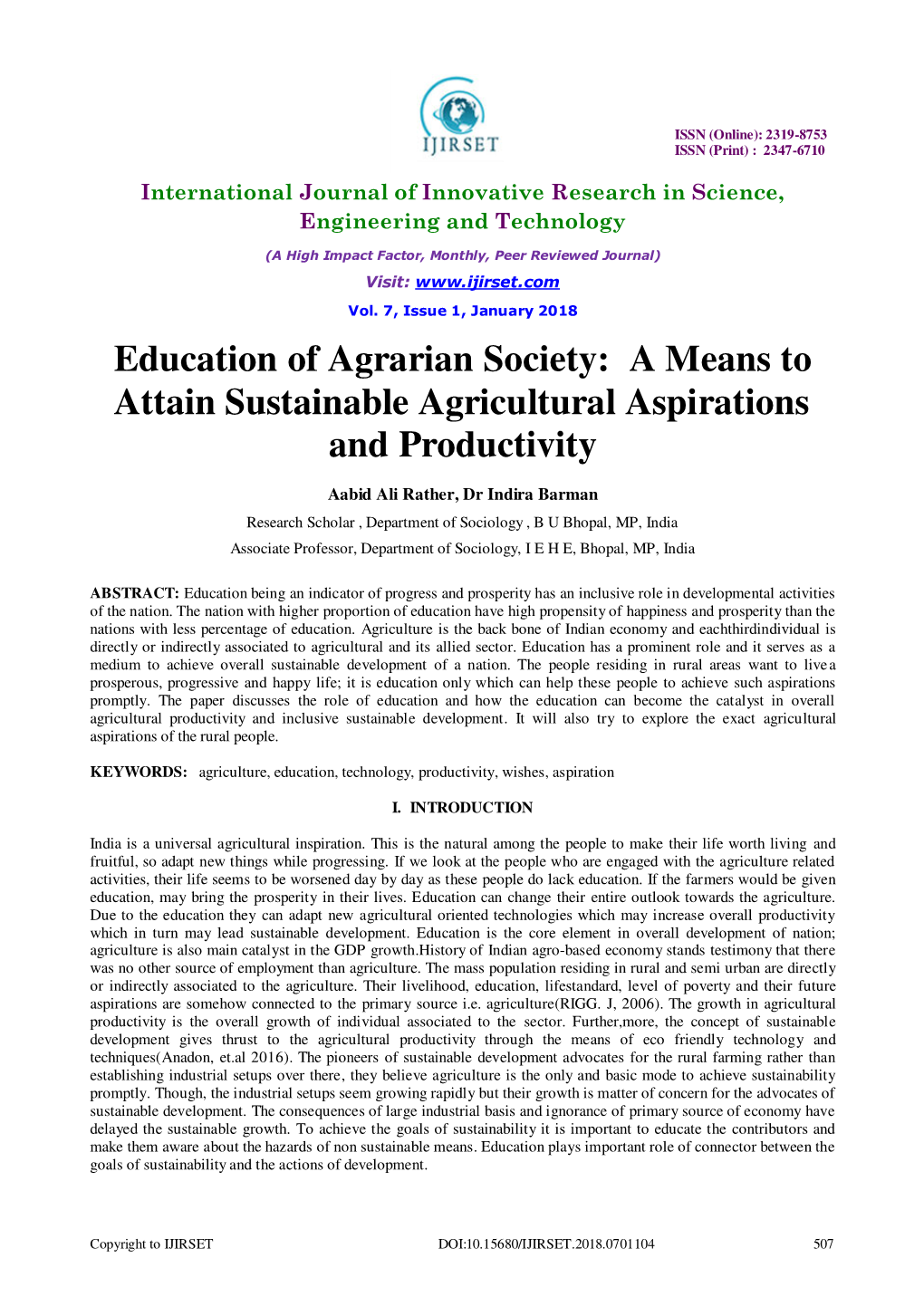 Education of Agrarian Society: a Means to Attain Sustainable Agricultural Aspirations and Productivity