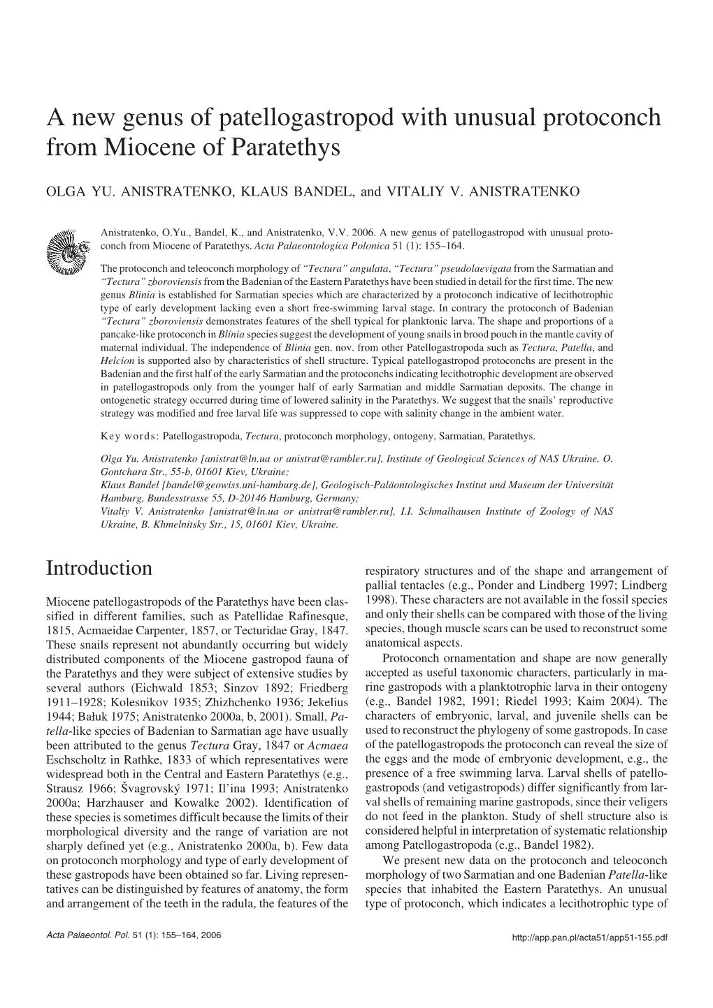 A New Genus of Patellogastropod with Unusual Protoconch from Miocene of Paratethys