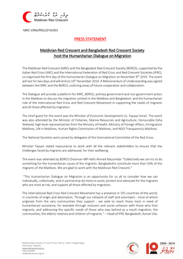 PRESS STATEMENT Maldivian Red Crescent and Bangladesh Red