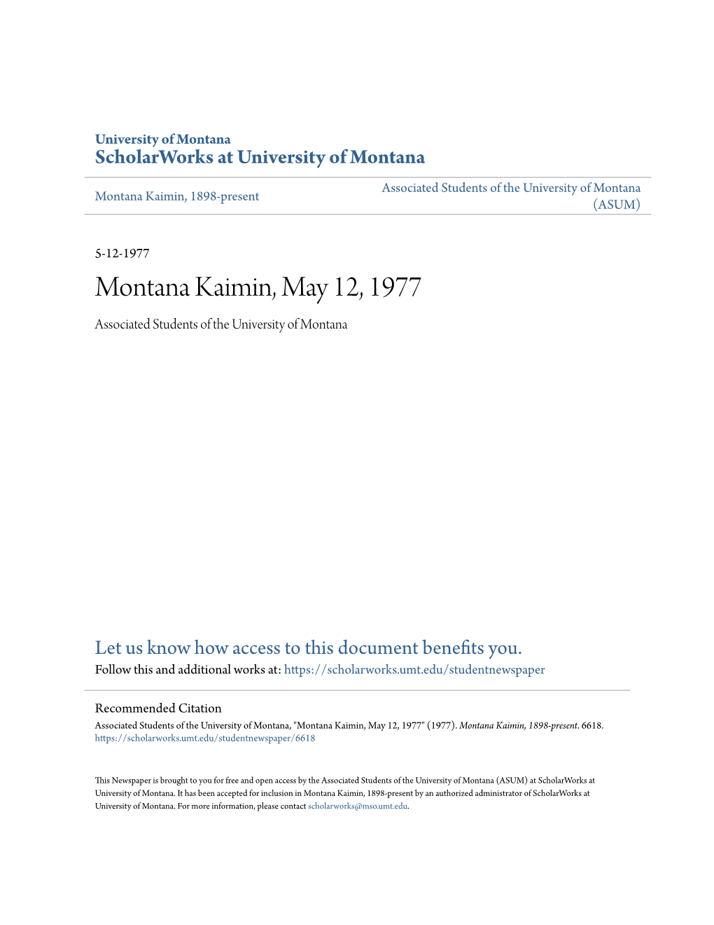 Montana Kaimin, May 12, 1977 Associated Students of the University of Montana