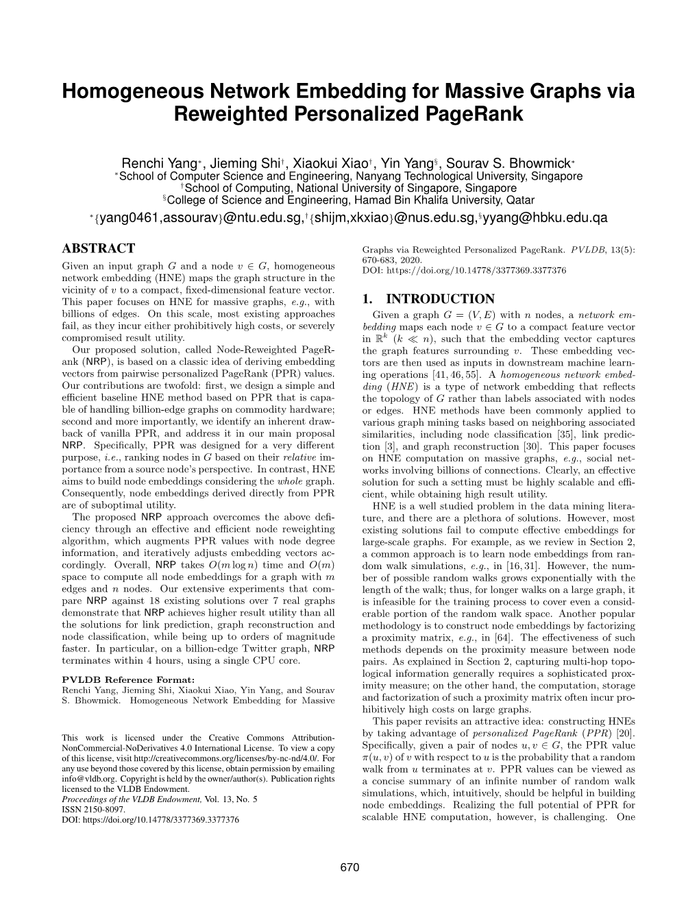 Homogeneous Network Embedding for Massive Graphs Via Reweighted Personalized Pagerank