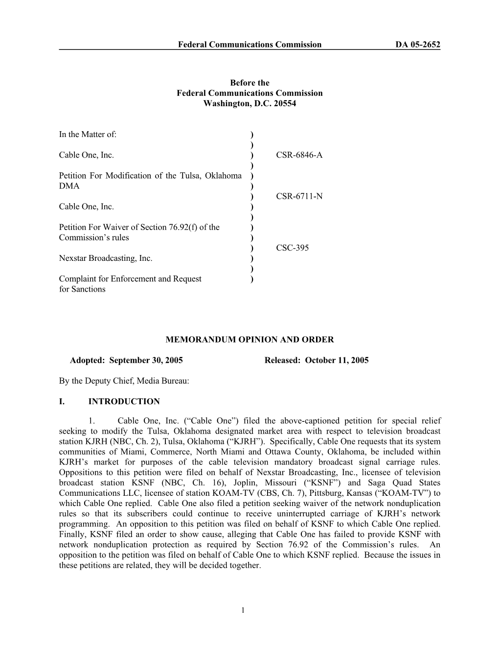 Federal Communications Commission DA 05-2652 Before the Federal