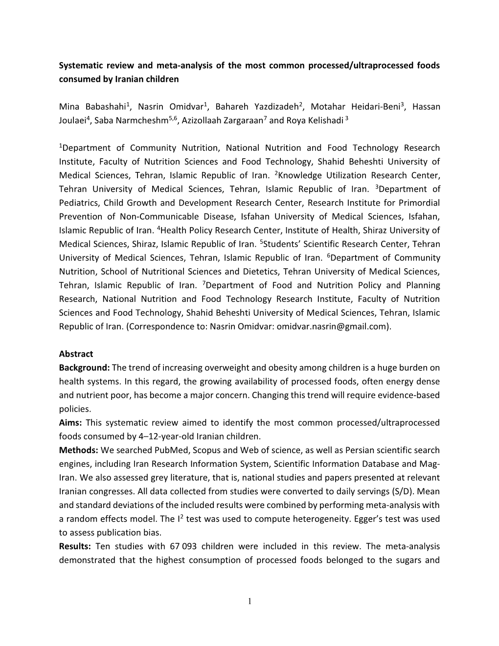 Systematic Review and Meta-Analysis of the Most Common Processed/Ultraprocessed Foods Consumed by Iranian Children