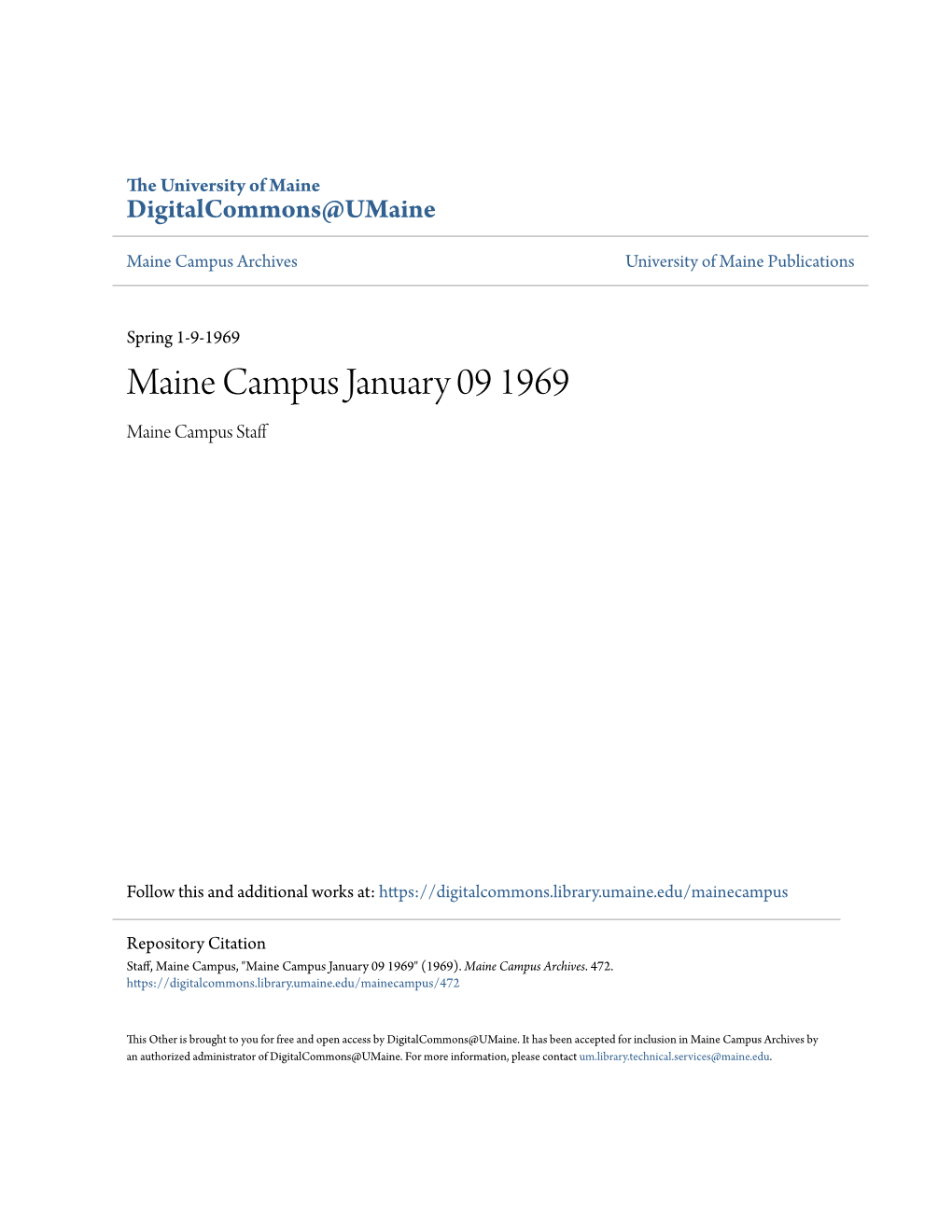 Maine Campus January 09 1969 Maine Campus Staff