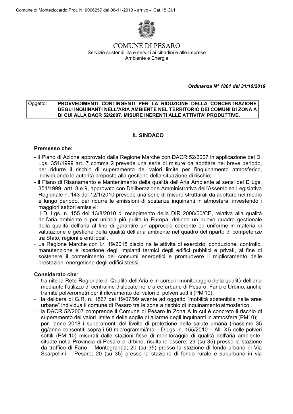 COMUNE DI PESARO Servizio Sostenibilità E Servizi Ai Cittadini E Alle Imprese Ambiente E Energia