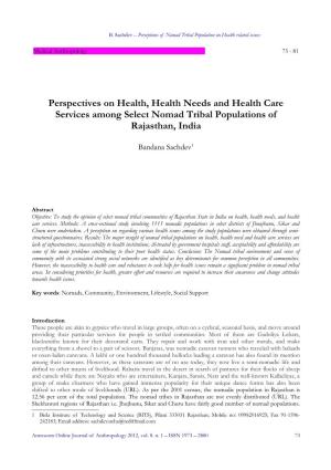 Perspectives on Health, Health Needs and Health Care Services Among Select Nomad Tribal Populations of Rajasthan, India