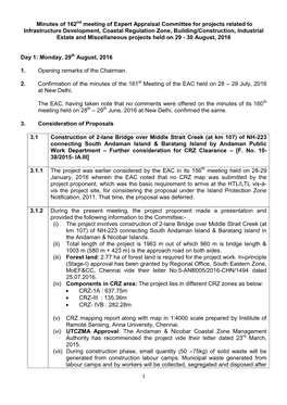 Minutes of 162 Meeting of Expert Appraisal Committee for Projects Related to Infrastructure Development, Coastal Regulation Zone