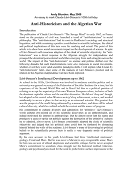 Claude Lévi-Strauss: Anti-Historicism and the Algerian