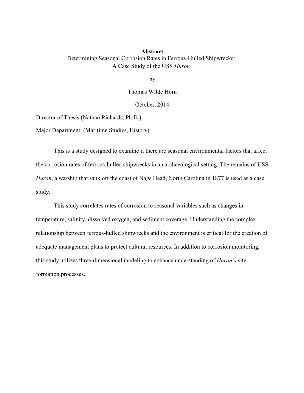 Abstract Determining Seasonal Corrosion Rates in Ferrous-Hulled Shipwrecks: a Case Study of the USS Huron