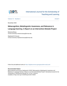 Metacognition, Metalinguistic Awareness, and Relevance in Language Learning: a Report on an Intervention Module Project