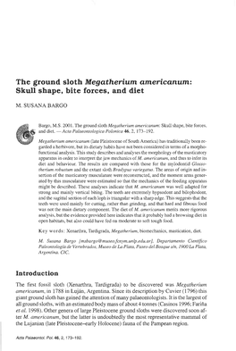 The Ground Sloth Megatherium Americanum: Skull Shape, Bite Forces, and Diet