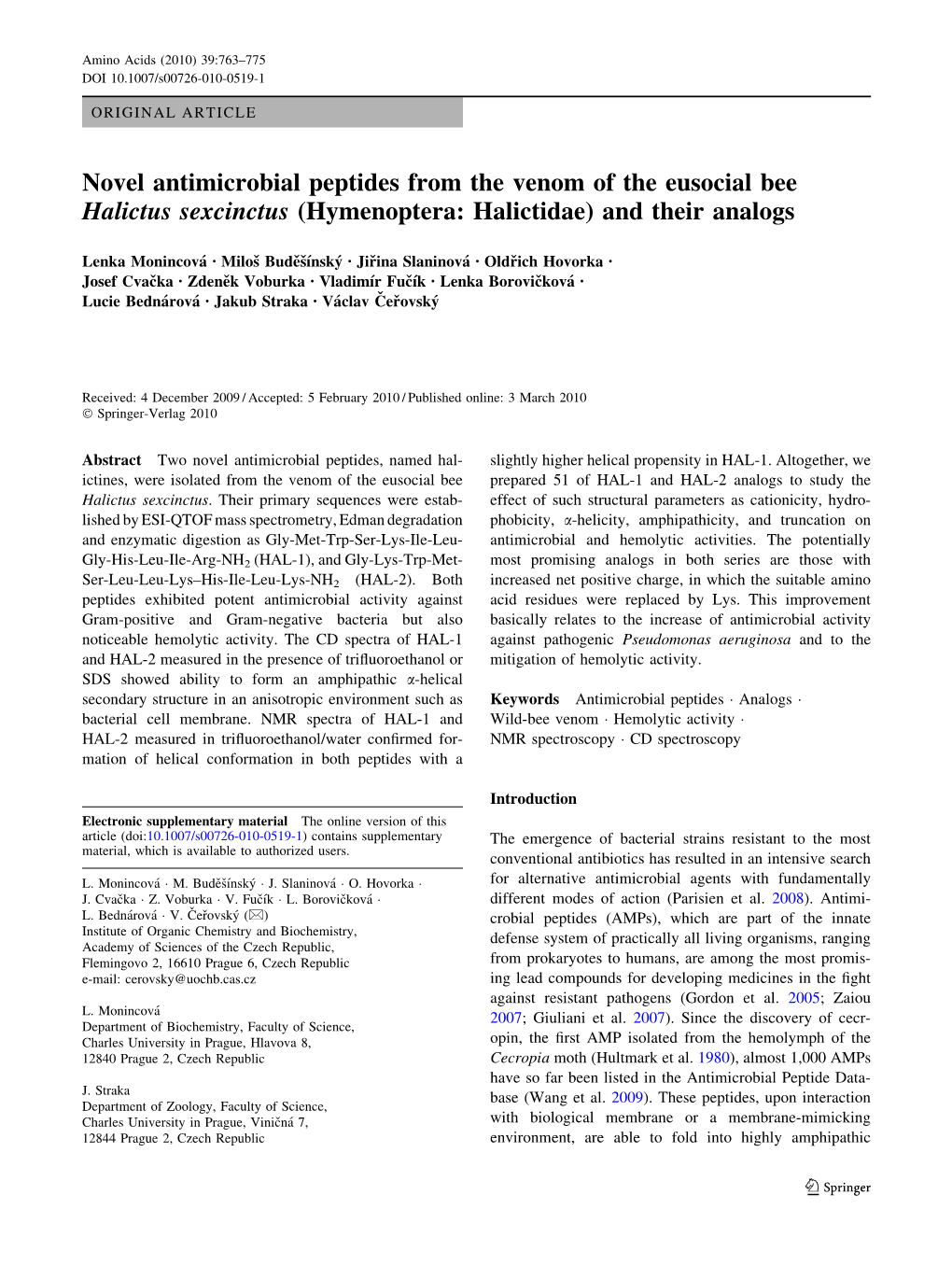 Novel Antimicrobial Peptides from the Venom of the Eusocial Bee Halictus Sexcinctus (Hymenoptera: Halictidae) and Their Analogs