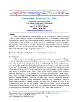 Case and Post-Position in Sukte (Salhte) Arambam Sadananda Singh Ph.D
