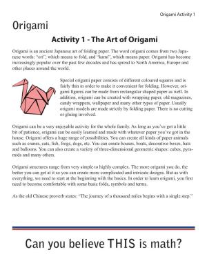 Origami Activity 1 Origami Activity 1 - the Art of Origami