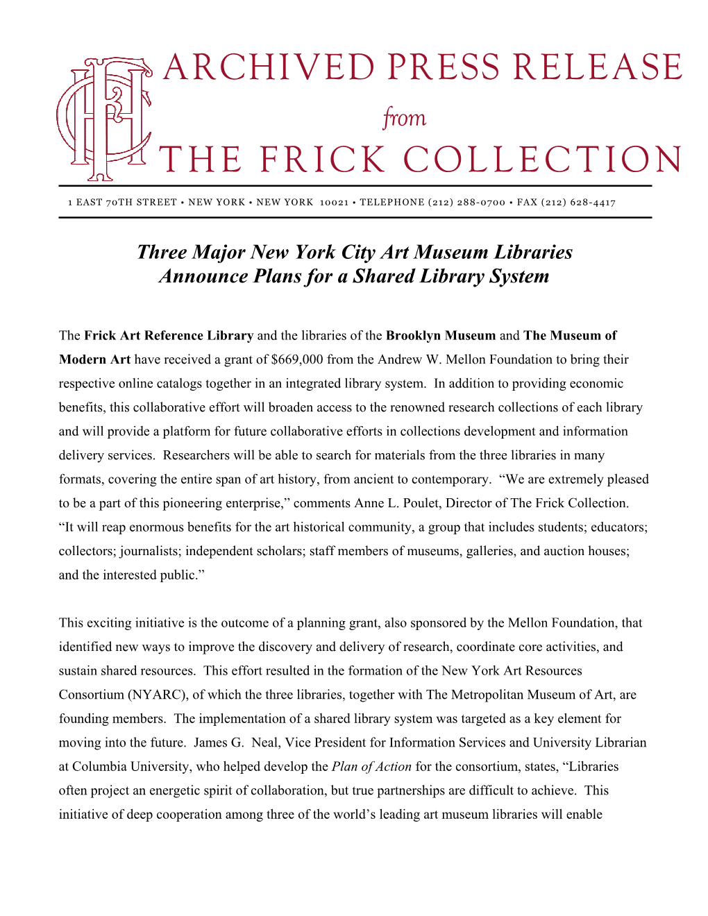 PRESS RELEASE from the FRICK COLLECTION