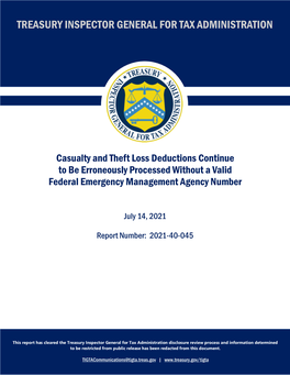 Casualty and Theft Loss Deductions Continue to Be Erroneously Processed Without a Valid Federal Emergency Management Agency Number