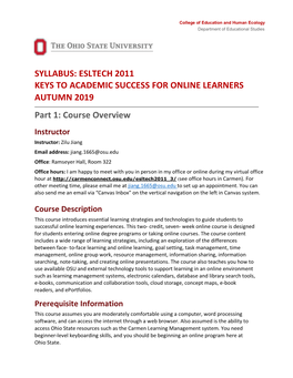 Syllabus: Esltech 2011 Keys to Academic Success for Online Learners