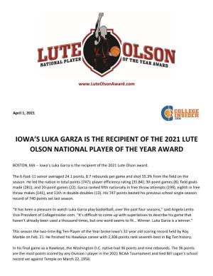Iowa's Luka Garza Is the Recipient of the 2021 Lute