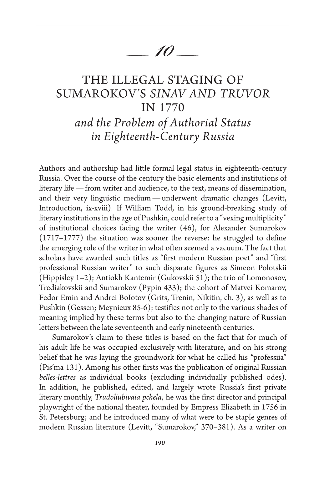 The Illegal Staging of Sumarokov's Sinav And