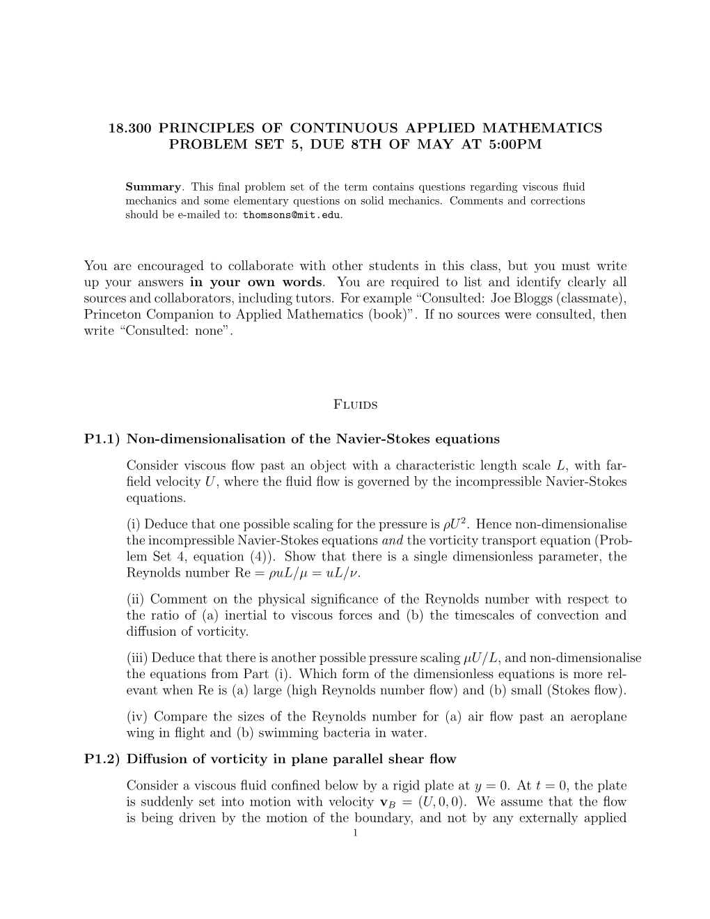 18.300 Principles of Continuous Applied Mathematics Problem Set 5, Due 8Th of May at 5:00Pm