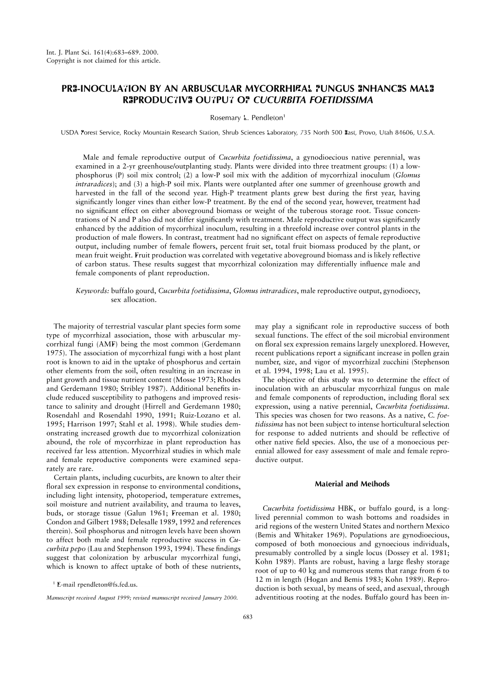 Pre-Inoculation by an Arbuscular Mycorrhizal Fungus Enhances Male Reproductive Output of Cucurbita Foetidissima