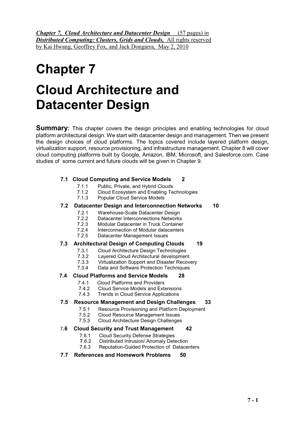 Chapter 7 Cloud Architecture and Datacenter Design