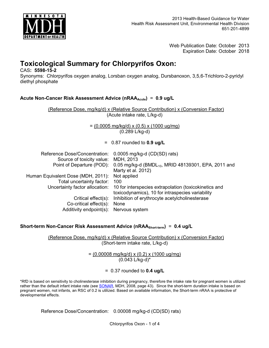 Toxicological Summary for Chlorpyrifos Oxon (PDF)