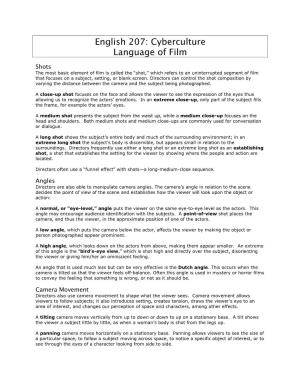 English 207: Cyberculture Language of Film